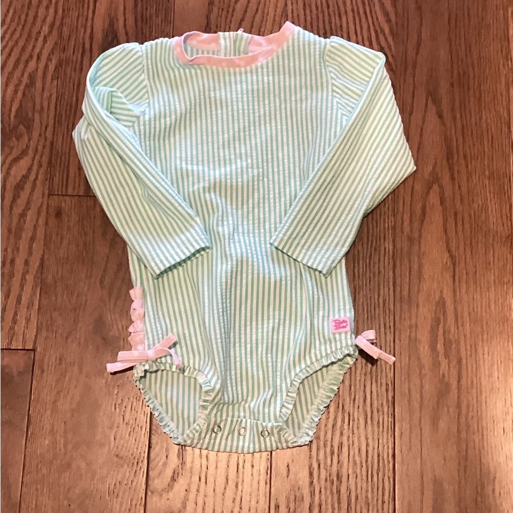 Ruffle Butts Mint and Pink Striped Kids Swim One Piece